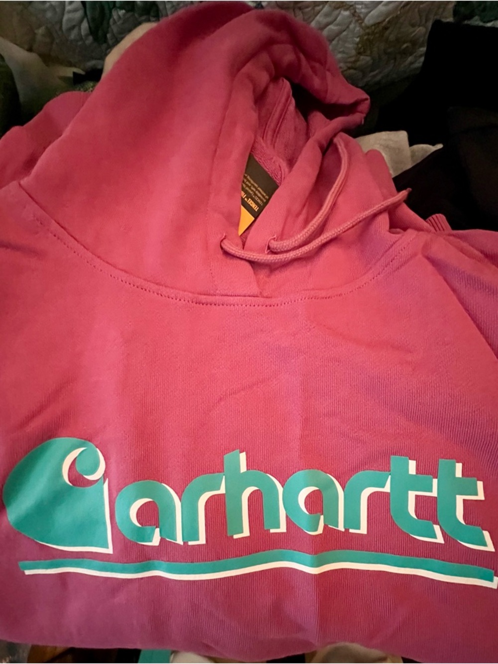 Carhartt Pink Pullover Hoodie with Yellow Logo Patch—NWT!